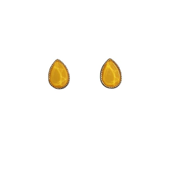 Yellow Teardrop Stud Earrings Elegant Gold Trim Resin Design Modern Style Gift - Picture 2 of 4